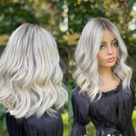 Short Wavy Full Lace Wigs Platinum Blonde Highlights 